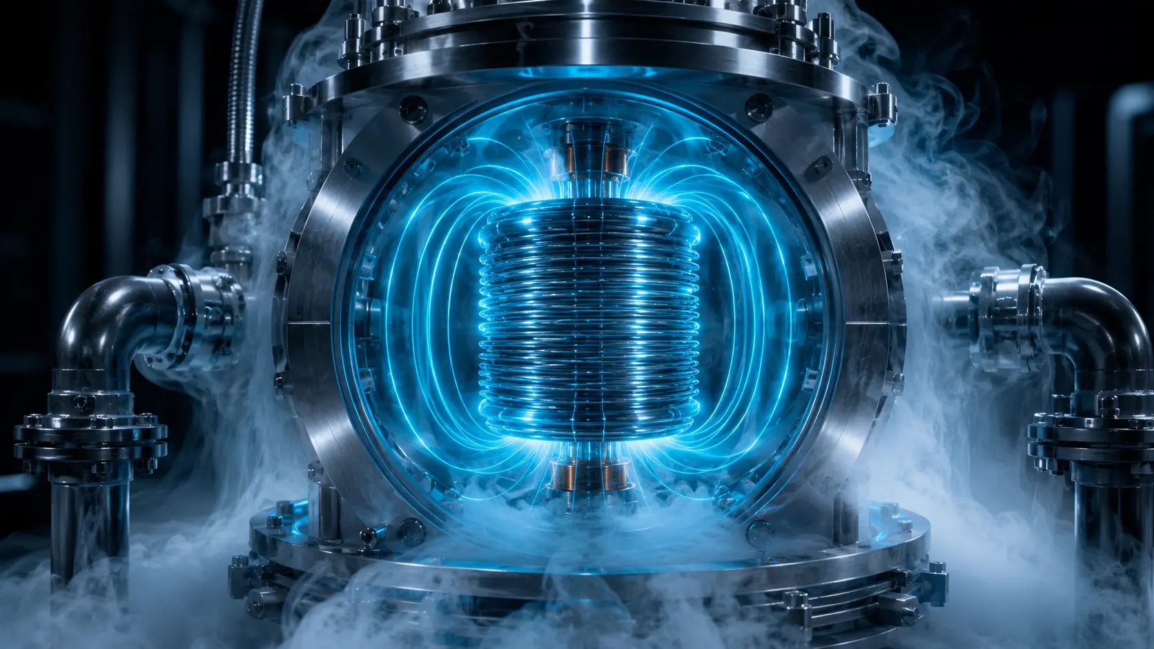 Superconducting Magnetic Energy Storage A cinematic view of a frozen cryogenic SMES coil generating a massive magnetic field.