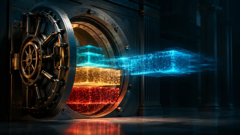 Synthetic Risk Transfers A cinematic visualization of a bank vault extracting financial risk tiers through synthetic securitization.