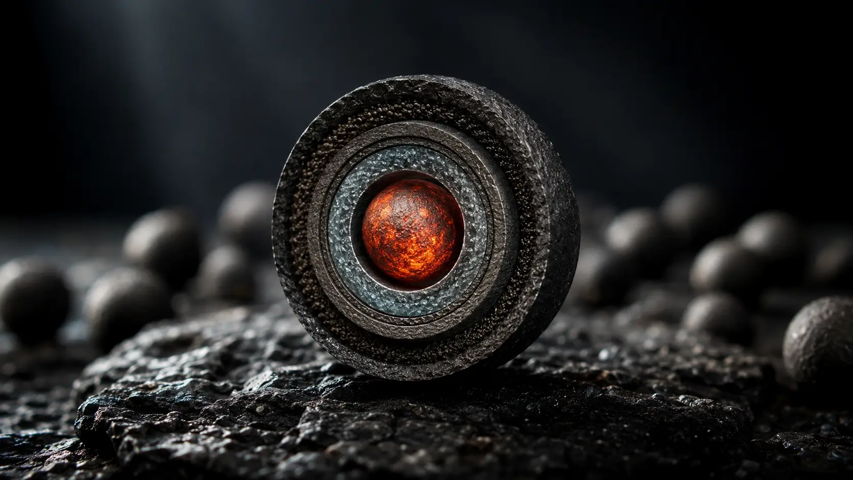TRISO Fuel A cinematic macro visualization of a meltdown-proof TRISO nuclear fuel particle cross-section.