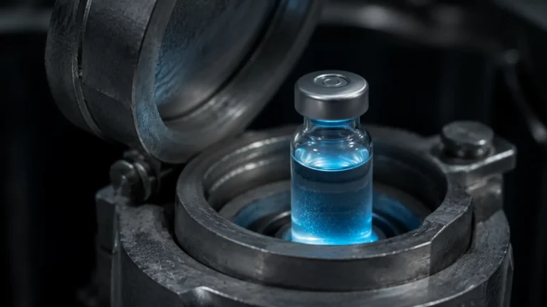 Targeted radiopharmaceuticals A photorealistic macro shot of a sterile glass vial containing a radioactive Actinium-225 therapeutic secured inside a heavy lead transport shield.
