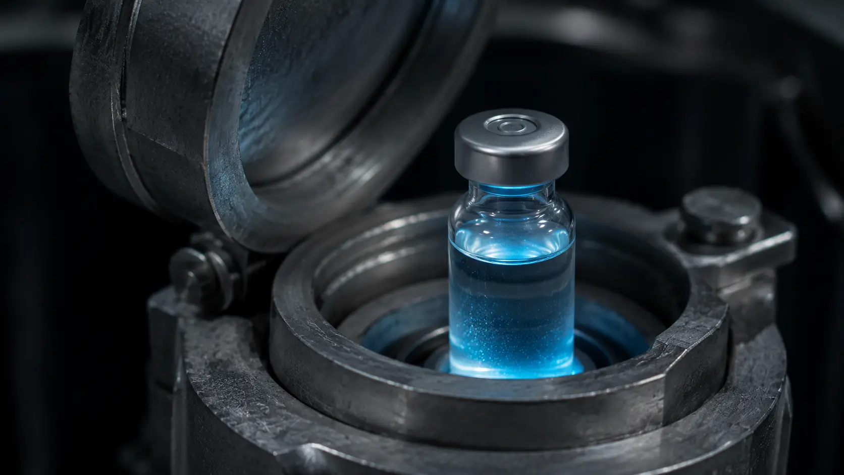 Targeted radiopharmaceuticals A photorealistic macro shot of a sterile glass vial containing a radioactive Actinium-225 therapeutic secured inside a heavy lead transport shield.