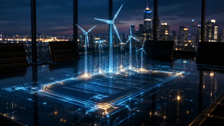 Virtual Power Purchase Agreement A cinematic visualization of a financial smart contract funding holographic wind turbines.