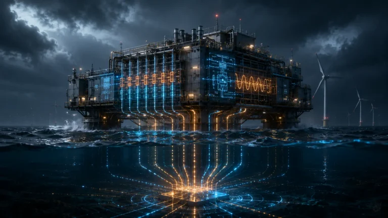 Voltage Source Converters A cinematic visualization of an offshore VSC-HVDC platform transmitting renewable energy through glowing subsea cables.