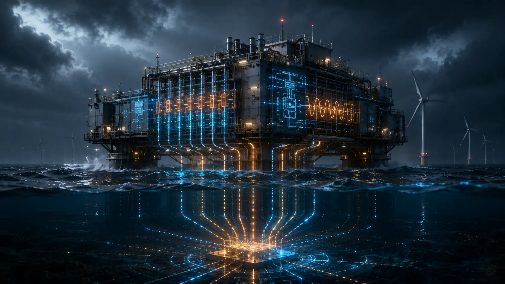 Voltage Source Converters A cinematic visualization of an offshore VSC-HVDC platform transmitting renewable energy through glowing subsea cables.