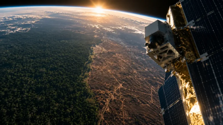 Voluntary Carbon Markets A photorealistic orbital shot of an Earth-observation satellite monitoring a dense rainforest canopy for dMRV carbon accounting.