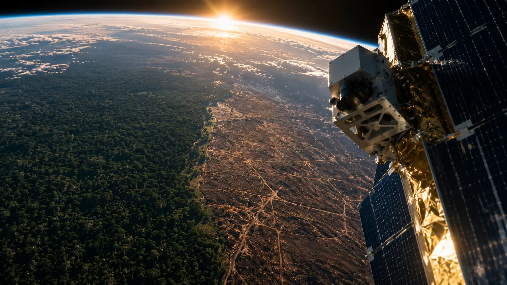 Voluntary Carbon Markets A photorealistic orbital shot of an Earth-observation satellite monitoring a dense rainforest canopy for dMRV carbon accounting.