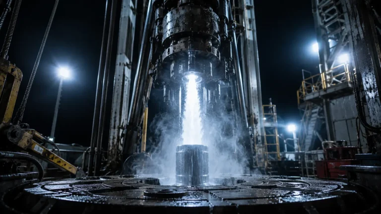 White hydrogen: A photorealistic night shot of a heavy industrial drilling rig extracting pure, clean geologic hydrogen gas from deep underground.