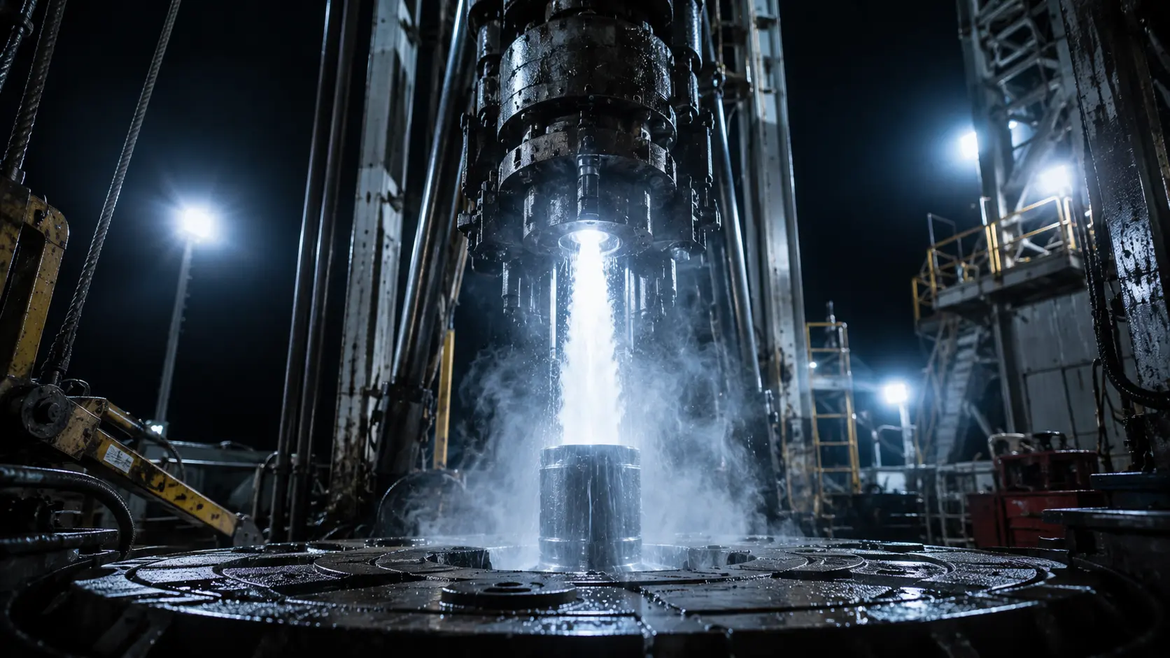 White hydrogen: A photorealistic night shot of a heavy industrial drilling rig extracting pure, clean geologic hydrogen gas from deep underground.