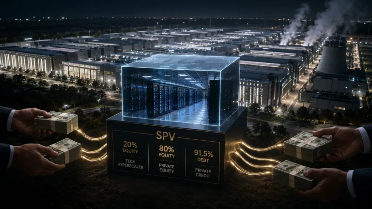 Big Tech AI debt: A photorealistic visual representation of Special Purpose Vehicles (SPVs) funneling private credit into hyperscale data centers.