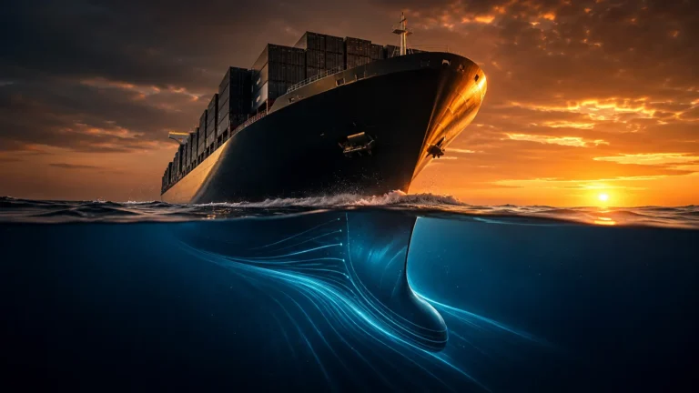 Dual-Fuel Megaships A cinematic split-level view of a 24,000 TEU container ship's hydrodynamic bow cutting through ocean currents.