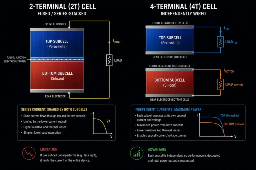 2-Terminal 2T vs 4-Terminal 4T perovskite solar cell architecture comparison