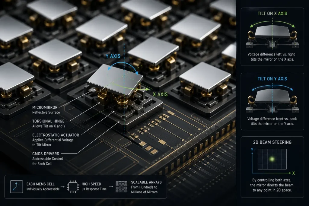 3D MEMS mirror array bouncing laser beams between input and output fibers.