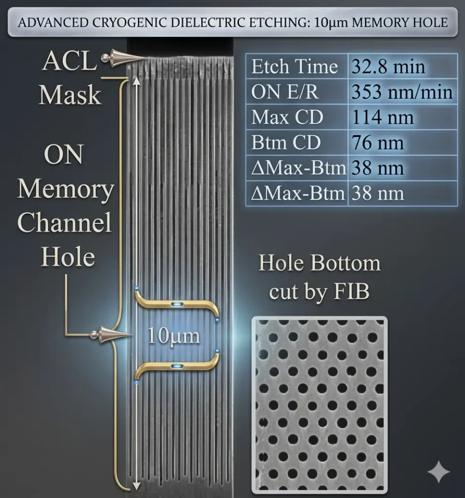 A 10-micron deep memory hole achieved via advanced cryogenic dielectric etching..