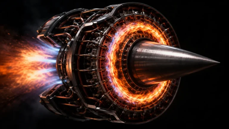 A 3D-printed Rotating Detonation Rocket Engine (RDRE) firing in a NASA test facility.