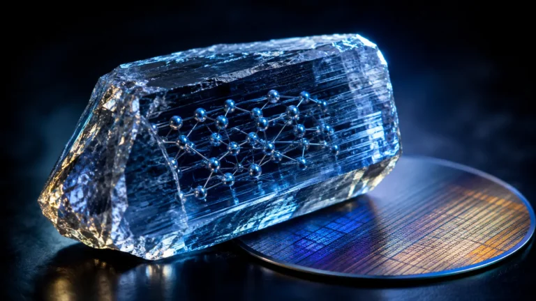 A 6-inch beta-gallium oxide ($beta$-Ga2O3) crystal wafer used for ultra-wide bandgap power electronics.