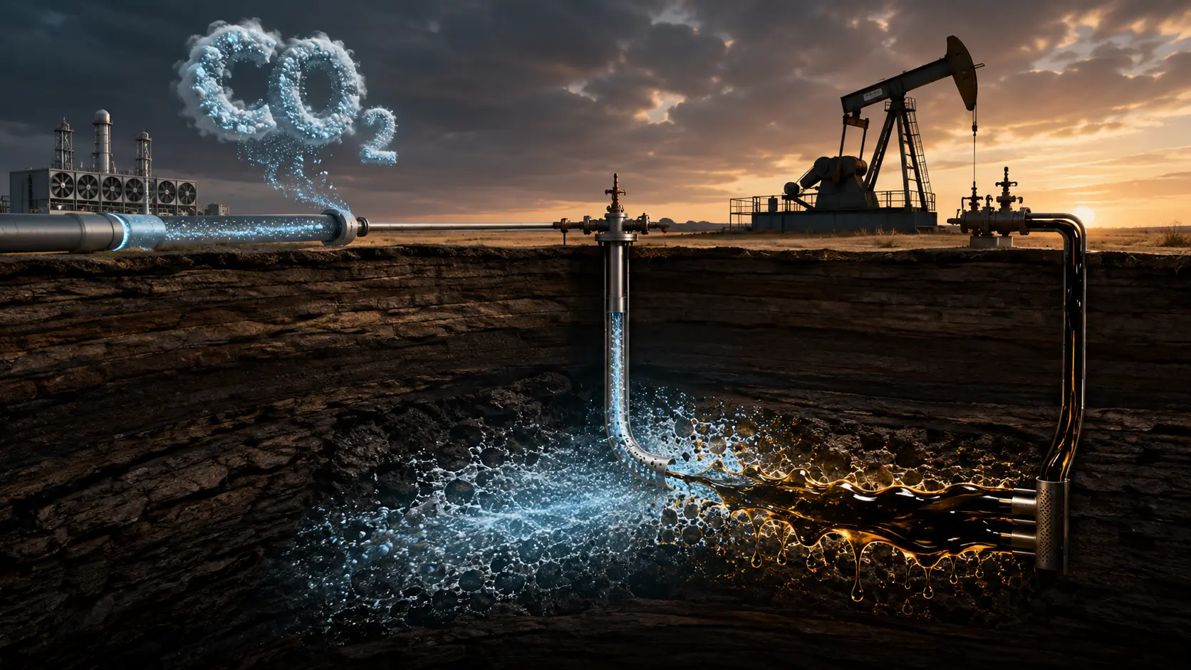 A CO2-Enhanced Oil Recovery (EOR) facility capturing carbon and pumping it into an underground reservoir.