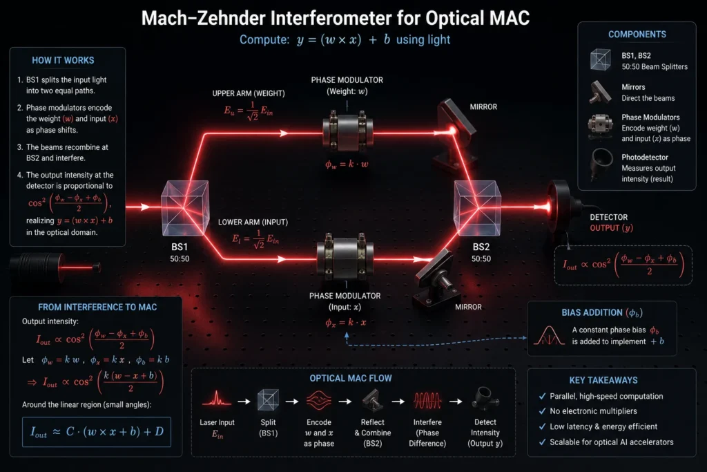 A Mach-Zehnder Interferometer (MZI) executing optical matrix multiplication.
