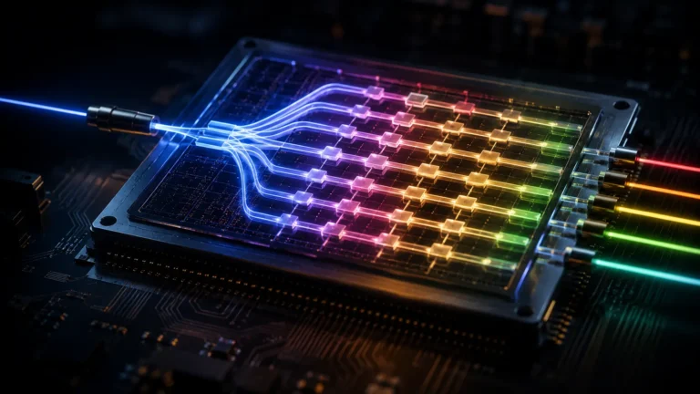 A Photonic Neural Network chip using intersecting beams of light for AI matrix multiplication.