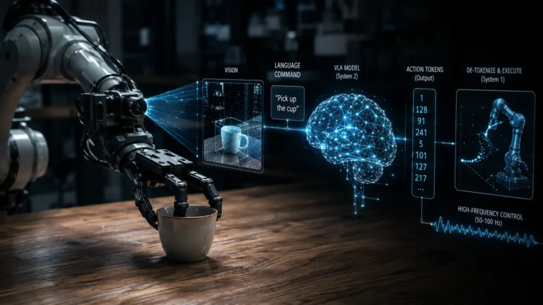 A Vision-Language-Action (VLA) model translating visual and text inputs into robotic motor tokens.