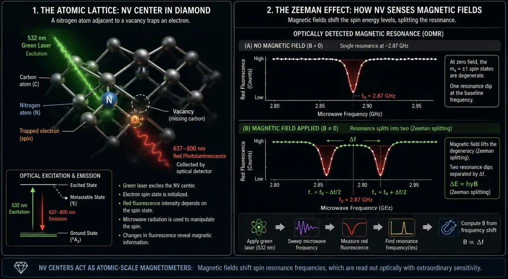 A breakdown of Nitrogen-Vacancy (NV) diamond center sensing, showing the laser and microwave interaction for atomic-level magnetic measurement.
