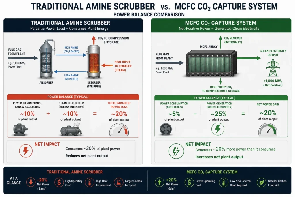 A chemical flowchart showing cathode-to-anode CO2 pumping and internal reforming inside an MCFC.