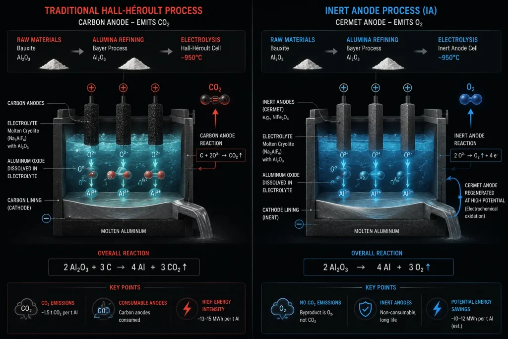 A chemical formula comparison showing the Hall-Héroult process with carbon anodes versus inert anode aluminium smelting.