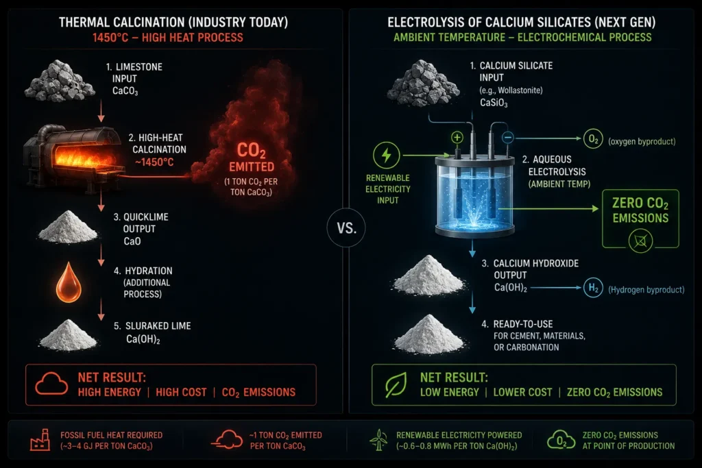 A chemical process diagram showing aqueous electrolysis dissolving calcium silicate rocks to precipitate calcium hydroxide.
