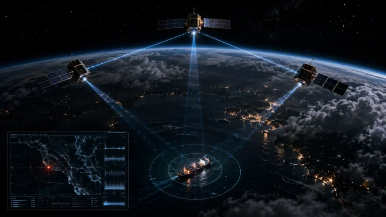 A cluster of SIGINT constellation satellites intercepting RF signals from a dark ship on Earth.