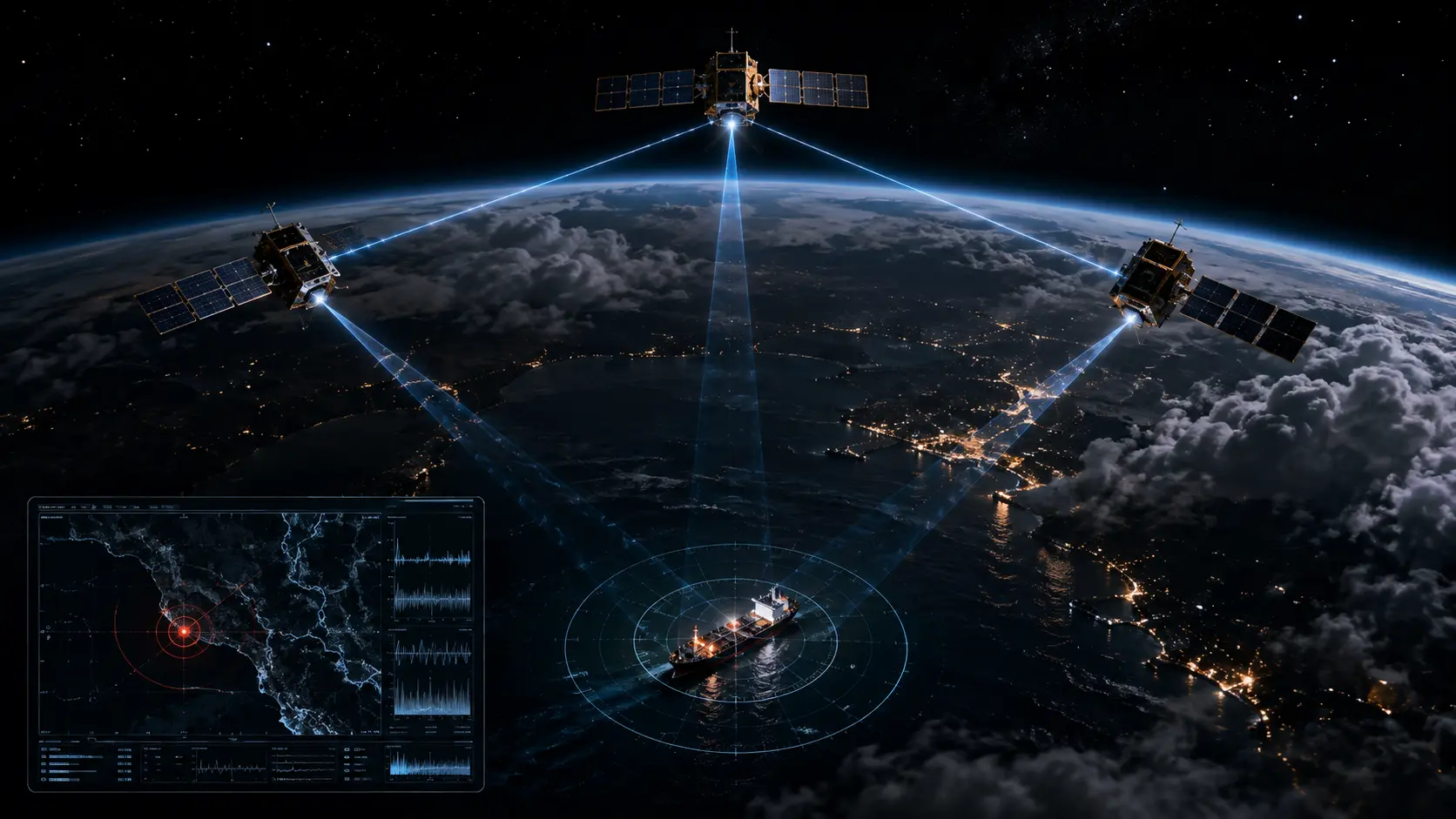 A cluster of SIGINT constellation satellites intercepting RF signals from a dark ship on Earth.