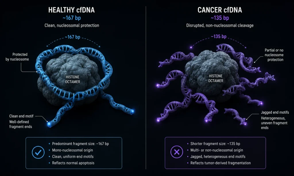 A comparison chart of mutational ctDNA liquid biopsies versus structural fragmentomics for multi-cancer early detection.