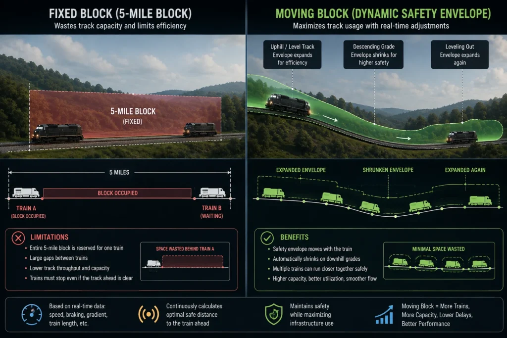 A comparison diagram showing fixed block signaling traffic lights versus dynamic moving block safety envelopes.
