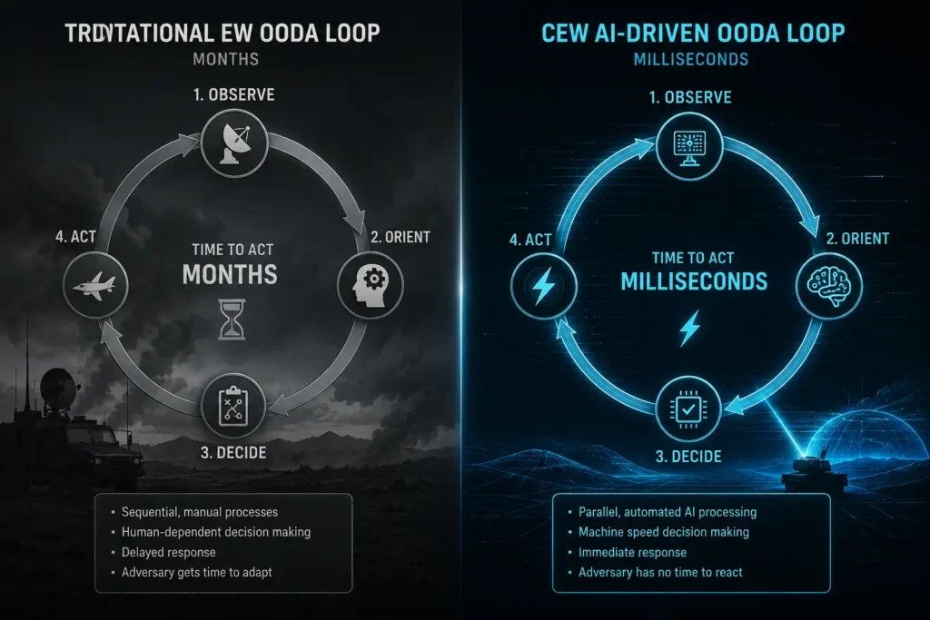 A comparison flowchart showing traditional electronic warfare versus AI-driven cognitive electronic warfare signal processing.