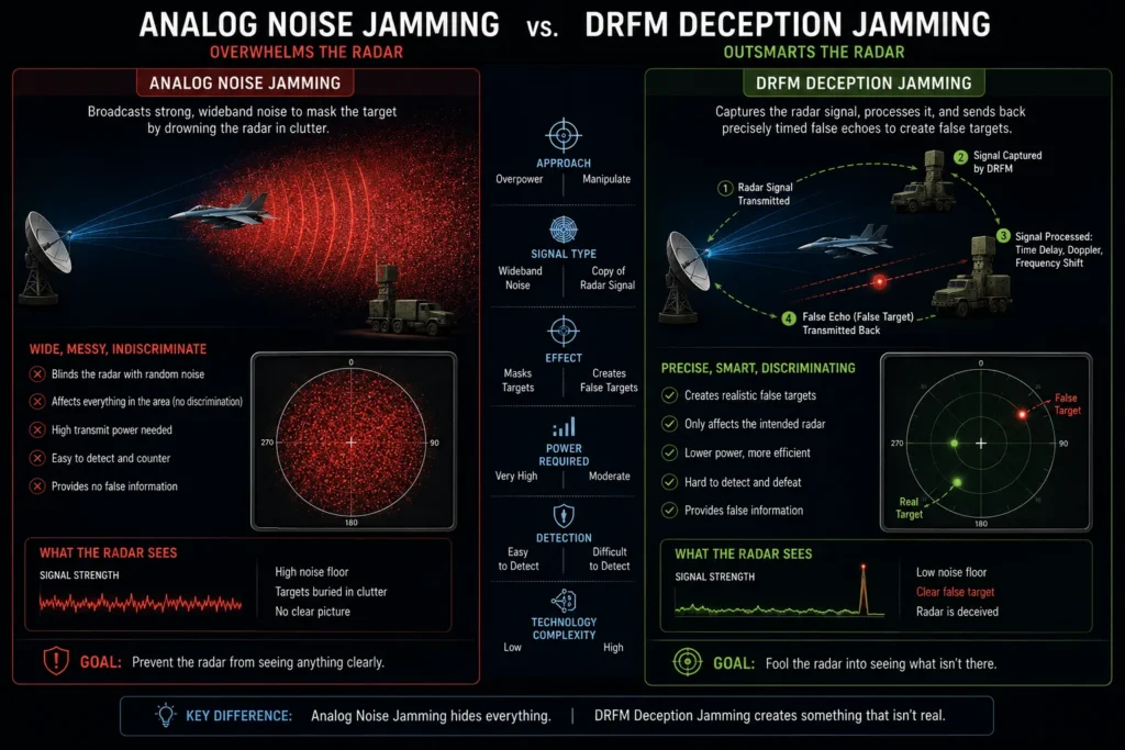 A comparison matrix of physical Range Gate Pull-Off (RGPO) and Velocity Gate Pull-Off (VGPO) deception jamming.