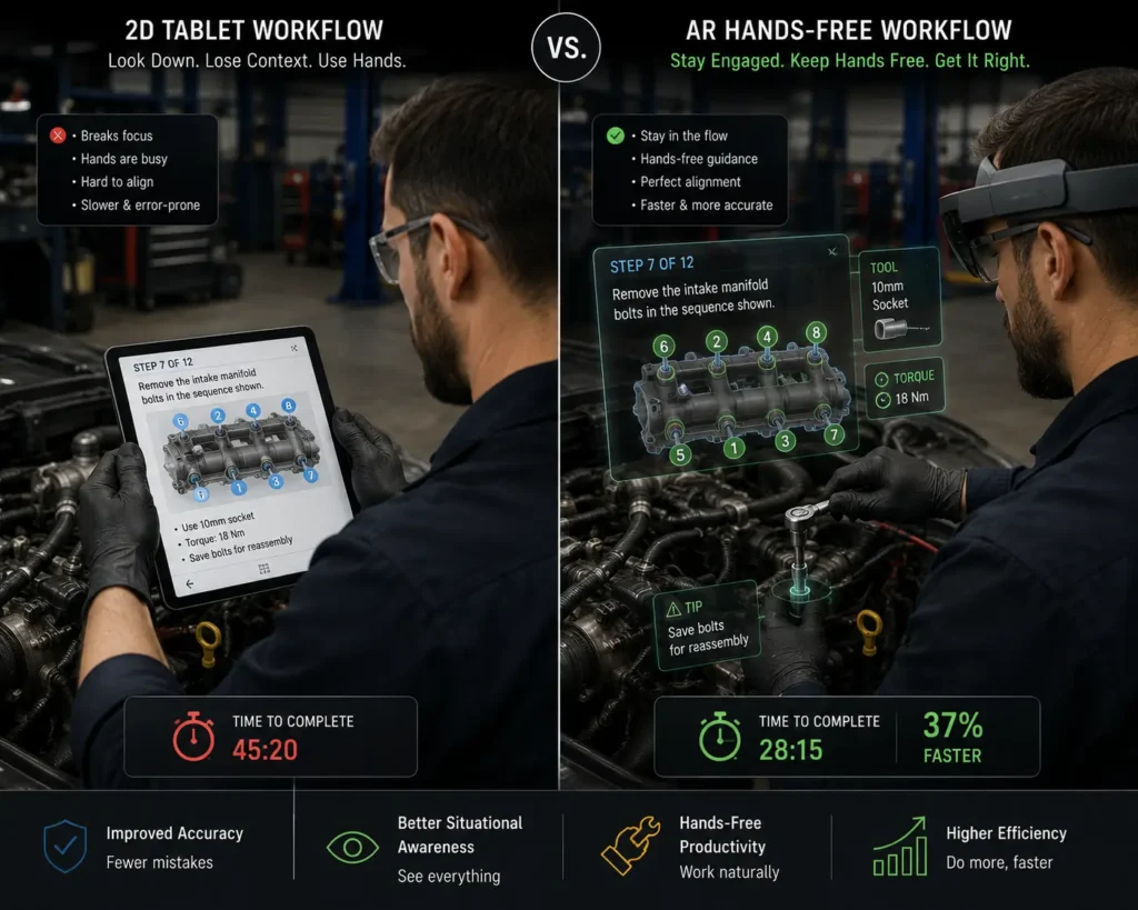 A comparison matrix showing spatial computing vs rugged tablets for industrial plant maintenance.