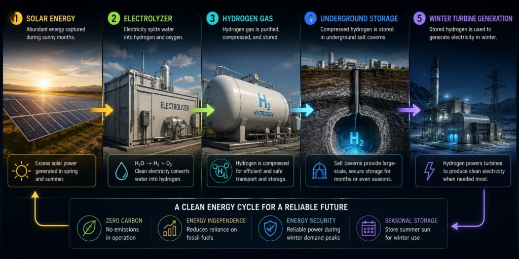 A comparison of long-duration energy storage using lithium-ion batteries versus underground hydrogen storage.