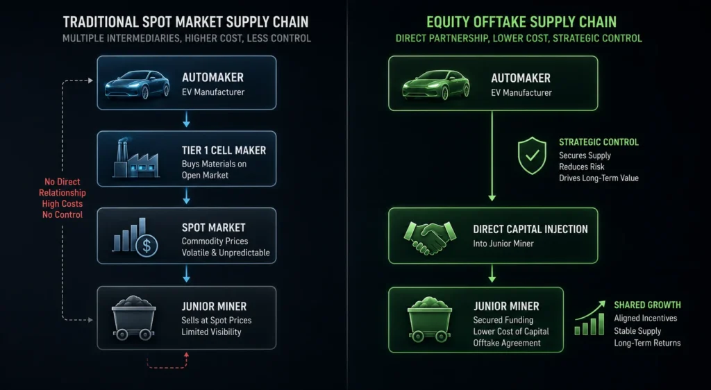 A comparison table breaking down Spot Market Procurement versus Critical Mineral Equity Offtakes.