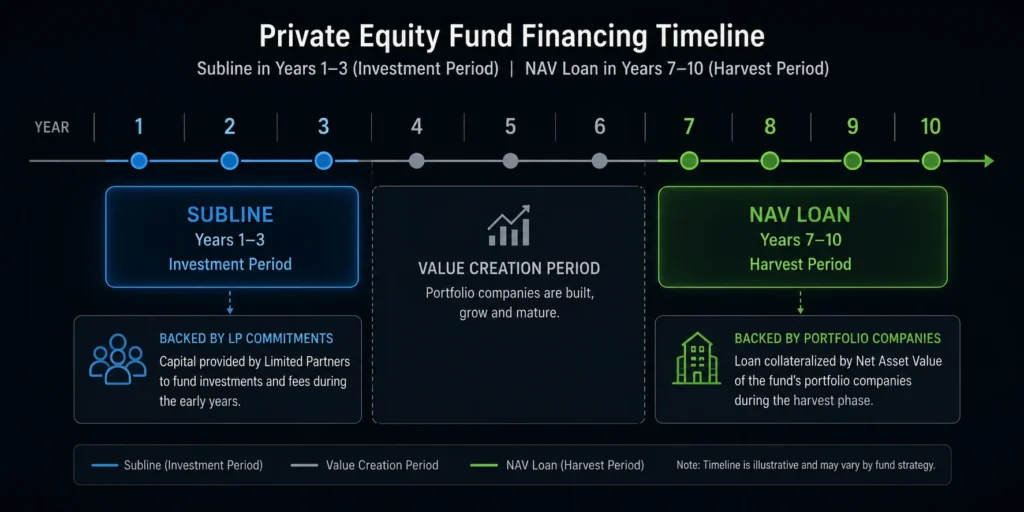 A comparison table breaking down how a subscription credit facility inflates Private Equity IRR while slightly lowering MOIC.