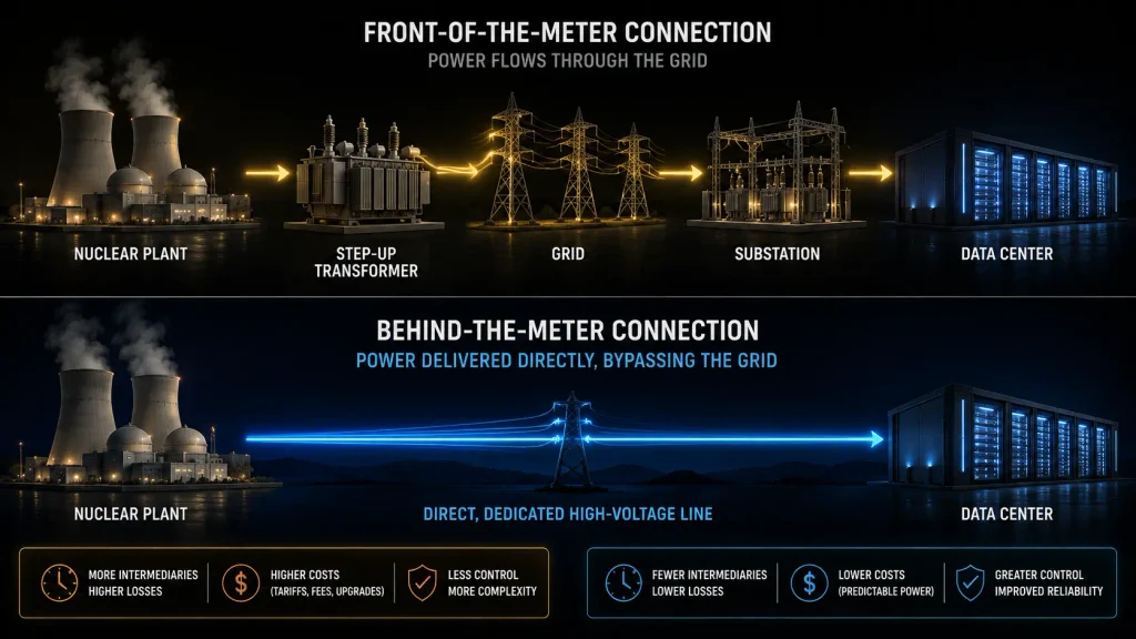 A comparison table illustrating the differences between Front-of-the-Meter grid connections and Behind-the-Meter nuclear co-location for data centers.