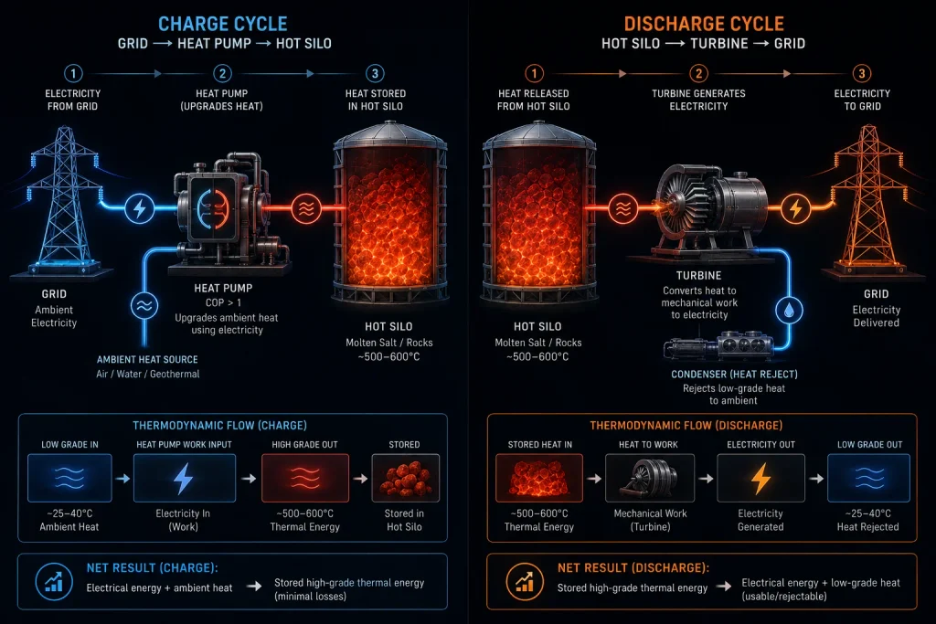 A comparison table illustrating the operational and economic differences between Pumped Thermal Energy Storage and lithium-ion grid batteries.