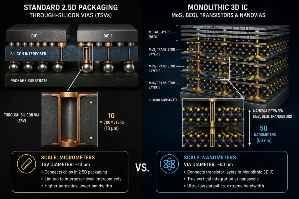 A comparison table illustrating the thermal budget and physical scaling differences between traditional silicon TSVs and Monolithic 3D integration with 2D materials.