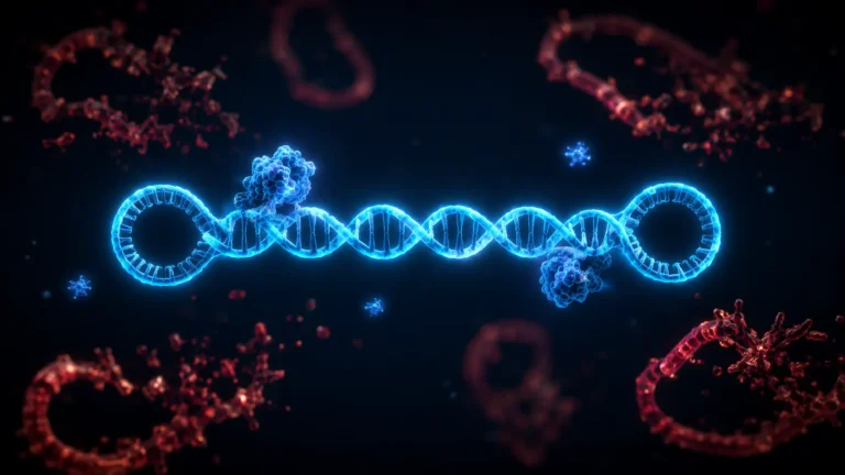 A conceptual 3D rendering of a Doggybone DNA (dbDNA) closed-loop structure for cell-free gene therapy manufacturing.
