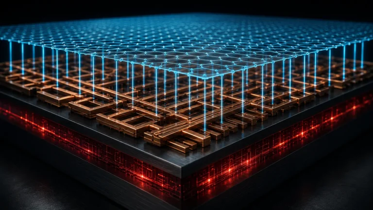 A conceptual 3D rendering of a Monolithic 3D IC with layers of MoS2 transistors stacked vertically over copper BEOL wiring.