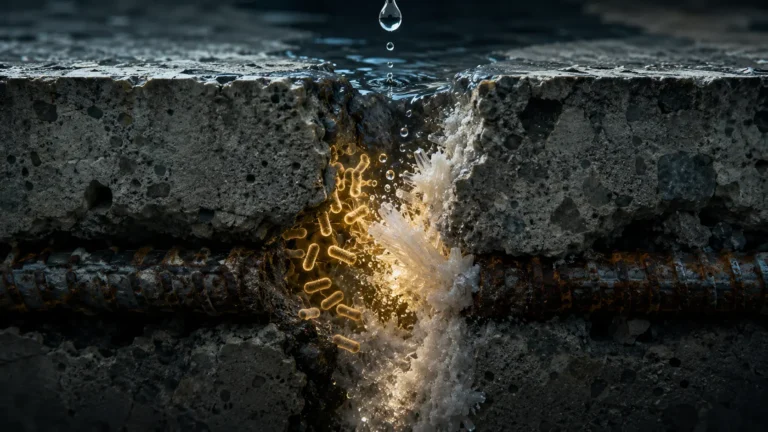 A conceptual cross-section illustration of microbial-induced calcite precipitation (MICP) sealing a concrete microcrack with limestone.