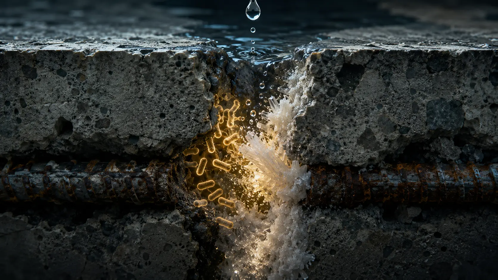 A conceptual cross-section illustration of microbial-induced calcite precipitation (MICP) sealing a concrete microcrack with limestone.