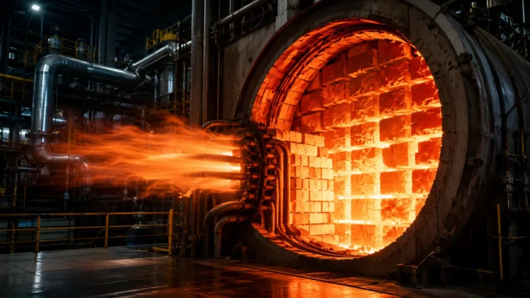 A conceptual cross-section of an industrial thermal battery using glowing refractory bricks to generate high-temperature process heat for a factory.