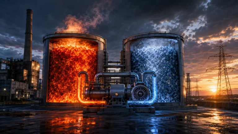 A conceptual diagram showing a Pumped Thermal Energy Storage (PTES) facility converting excess renewable energy into heat stored in molten salt.