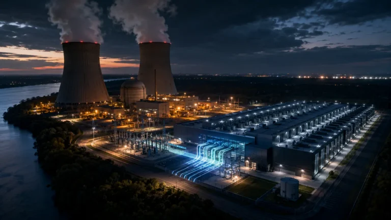 A conceptual diagram showing a hyperscale data center connected directly behind-the-meter to a nuclear power plant.
