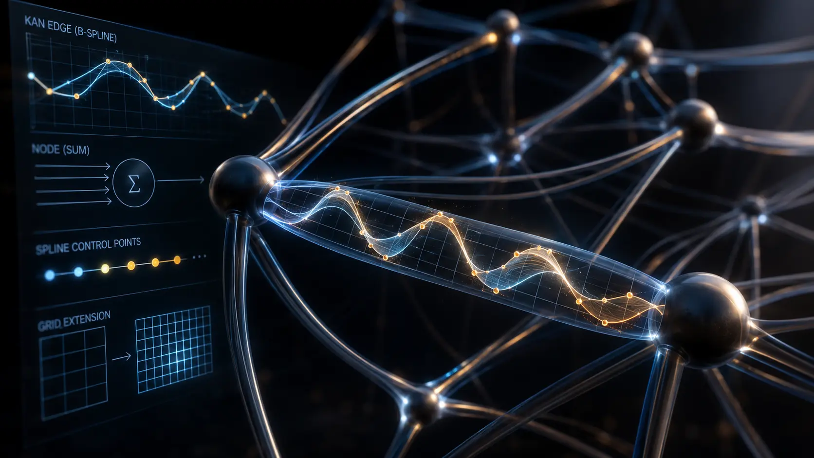 A conceptual digital illustration comparing the static nodes of an MLP to the dynamic, glowing B-spline edges of a Kolmogorov-Arnold Network (KAN).