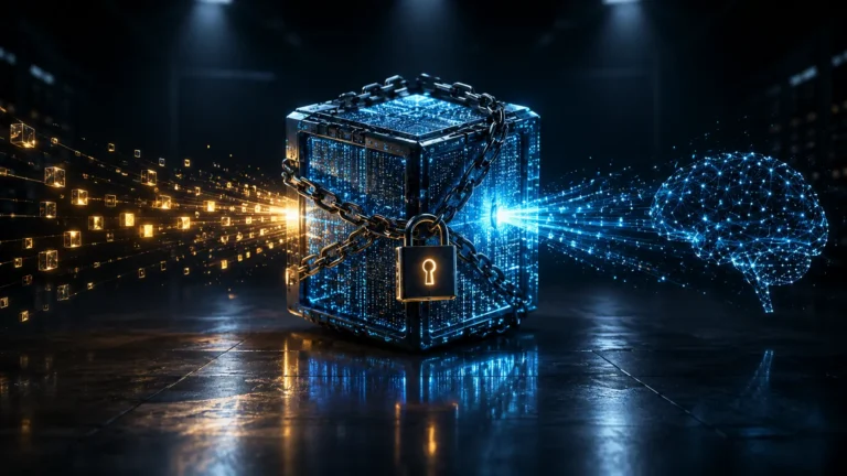 A conceptual digital illustration of Fully Homomorphic Encryption (FHE) showing a locked cube being manipulated by AI robotic arms without being unlocked.