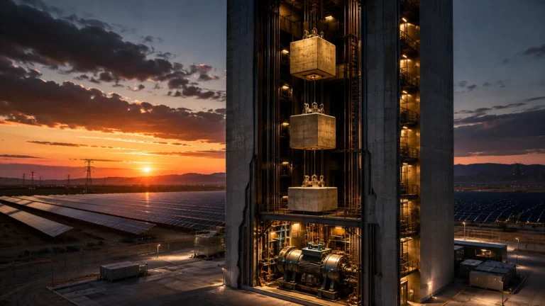 A conceptual digital illustration of a Gravity Energy Storage System (GESS) lifting massive concrete blocks for mechanical grid buffering.